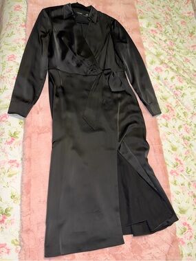 Ralph Lauren Black Satin Wrap Dress with Tie Size 10. NEW